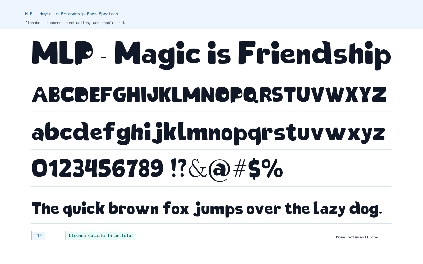 MLP - Magic is Friendship font specimen showing alphabet, numbers, and sample text