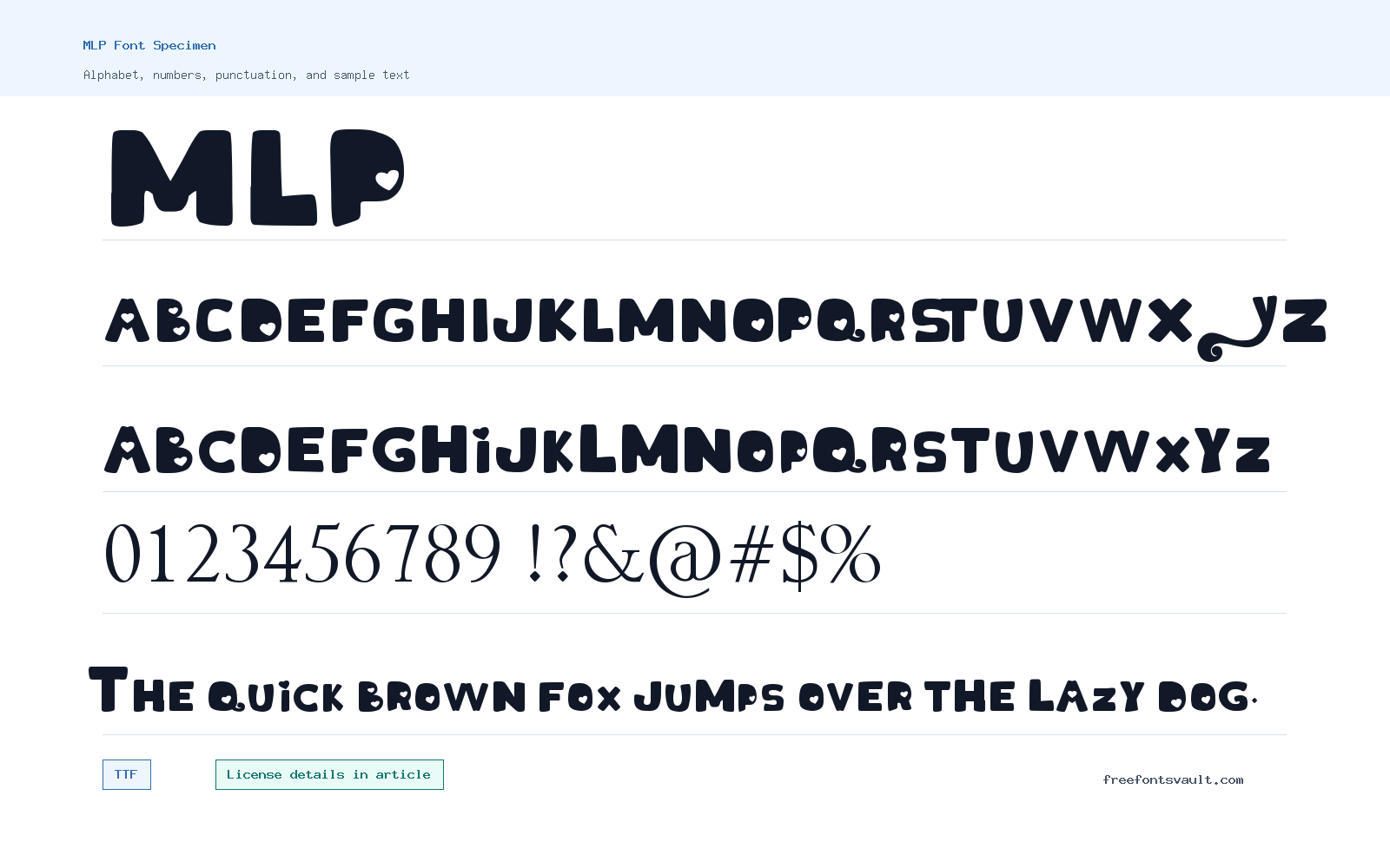 MLP font specimen showing alphabet, numbers, and sample text