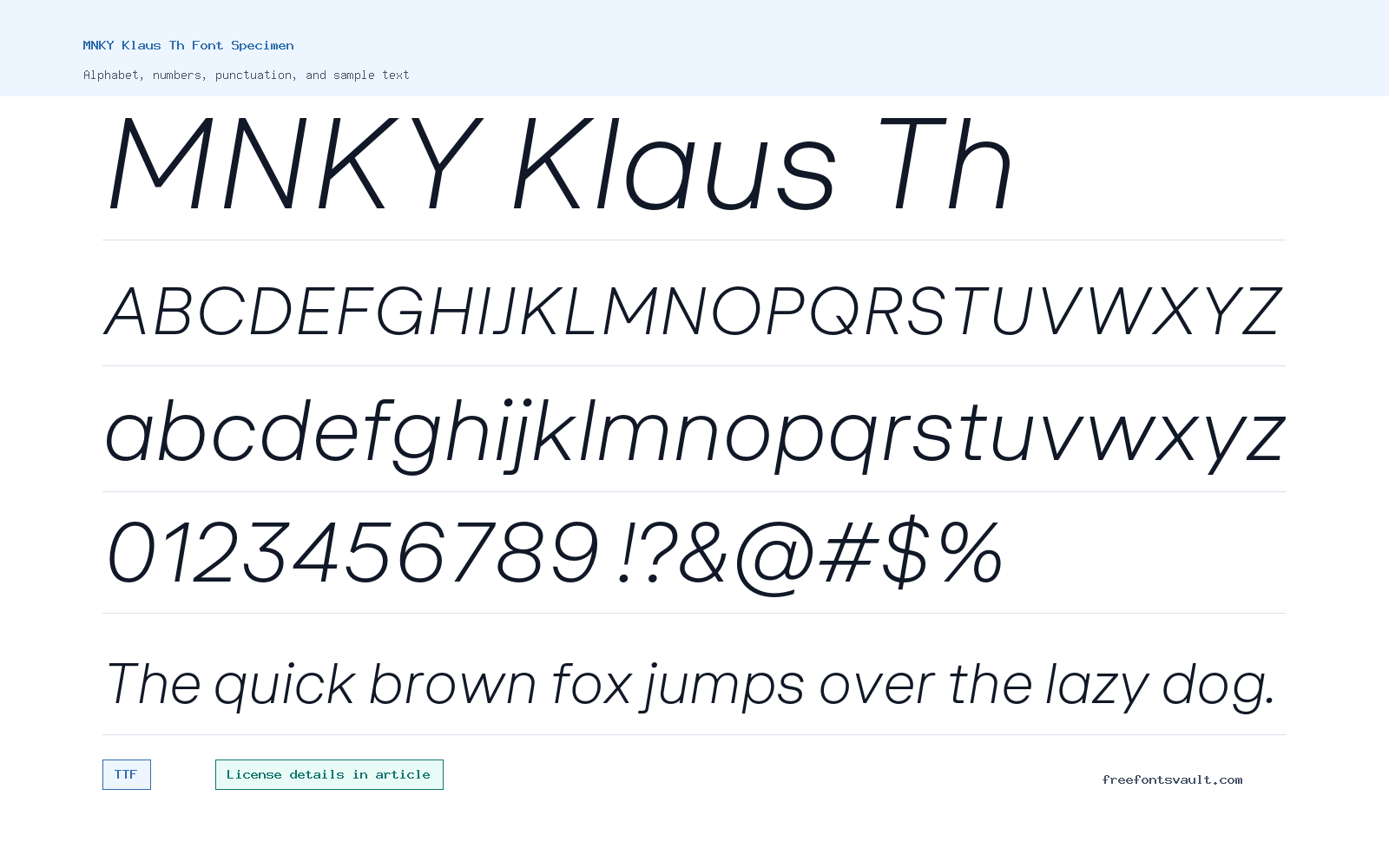 MNKY Klaus Th font specimen showing alphabet, numbers, and sample text