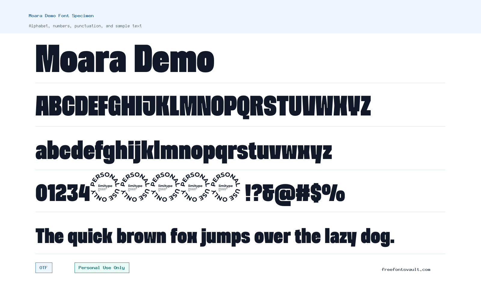 Moara Demo font specimen showing alphabet, numbers, and sample text