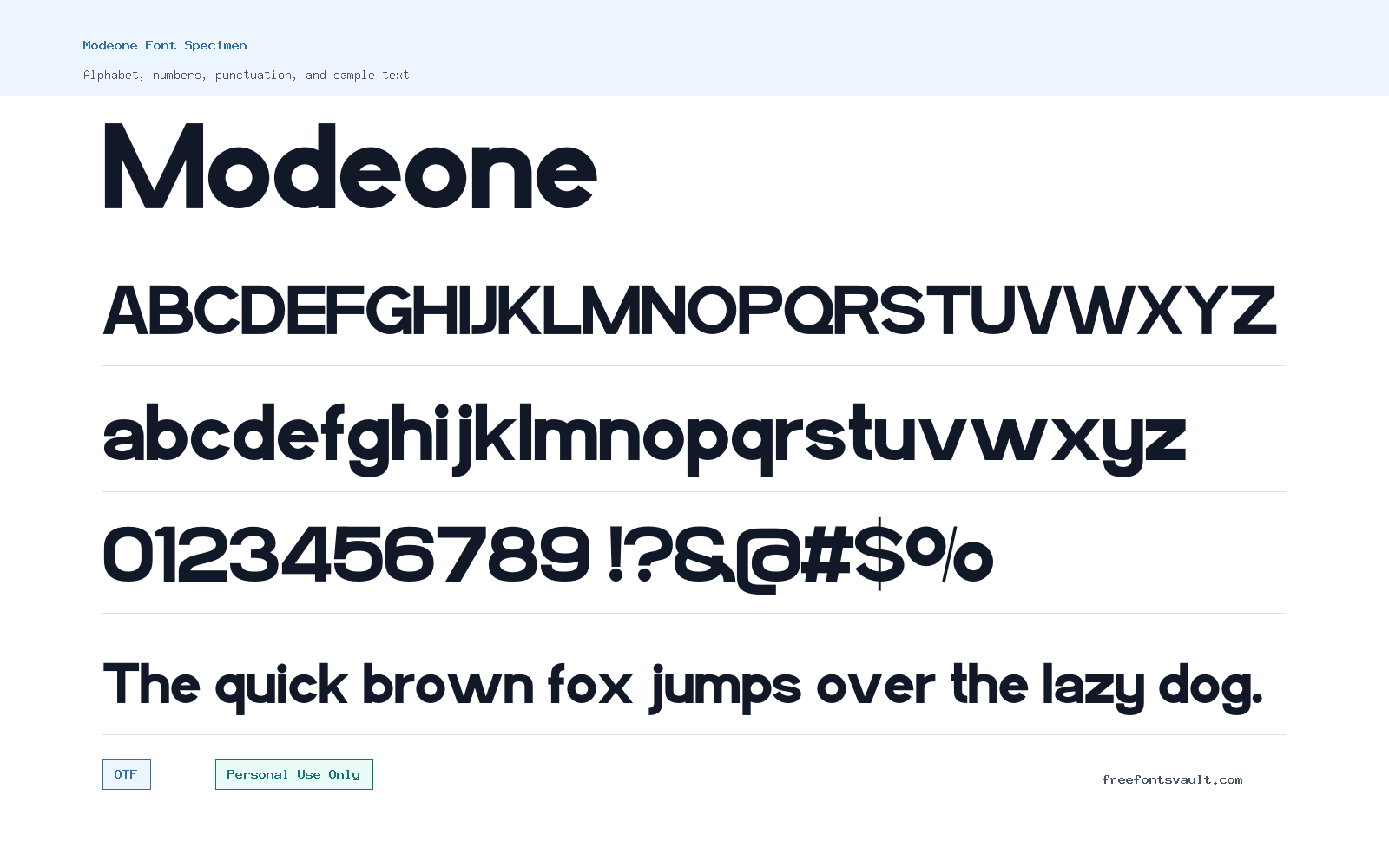 Modeone font specimen showing alphabet, numbers, and sample text