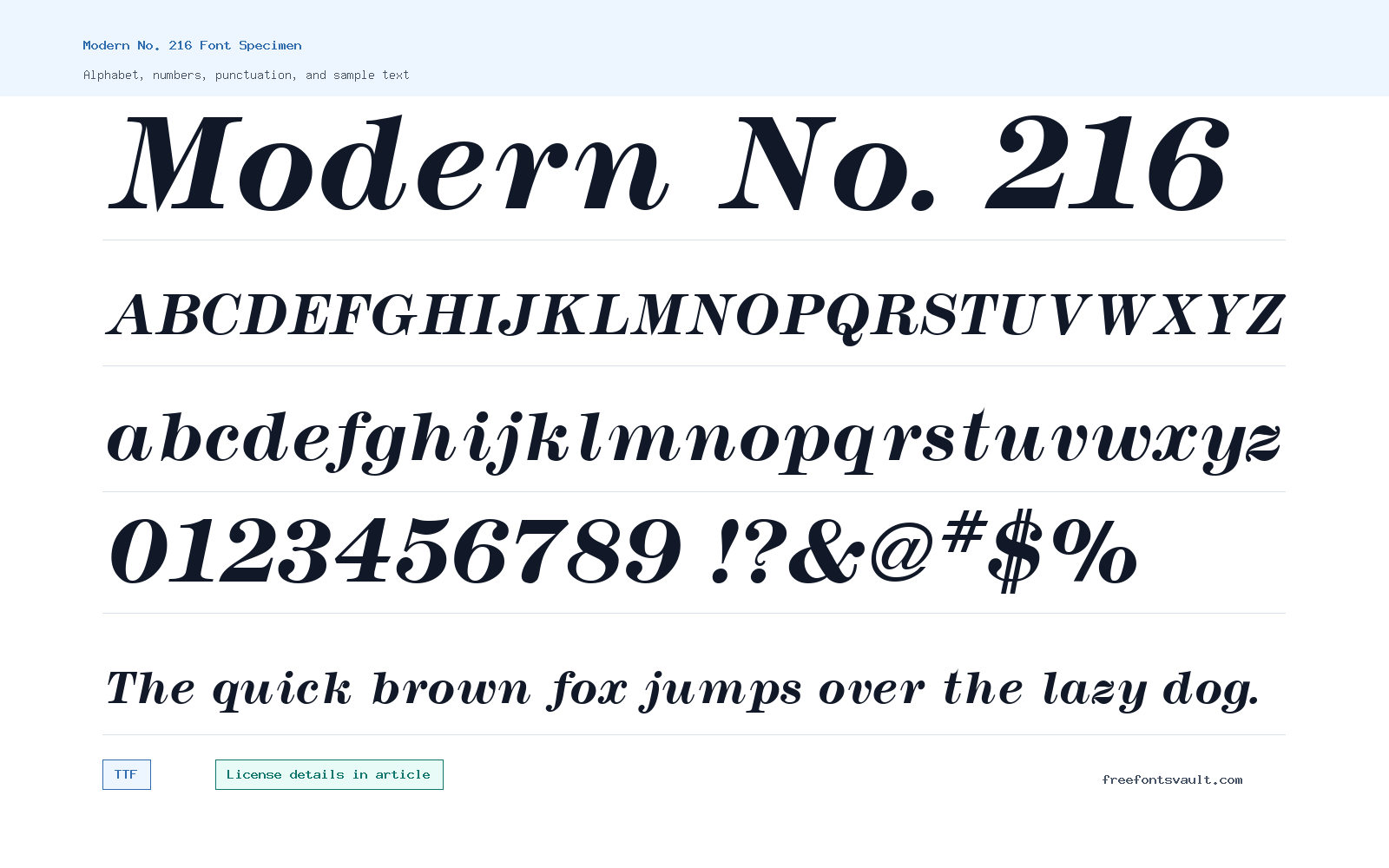Modern No. 216 font specimen showing alphabet, numbers, and sample text