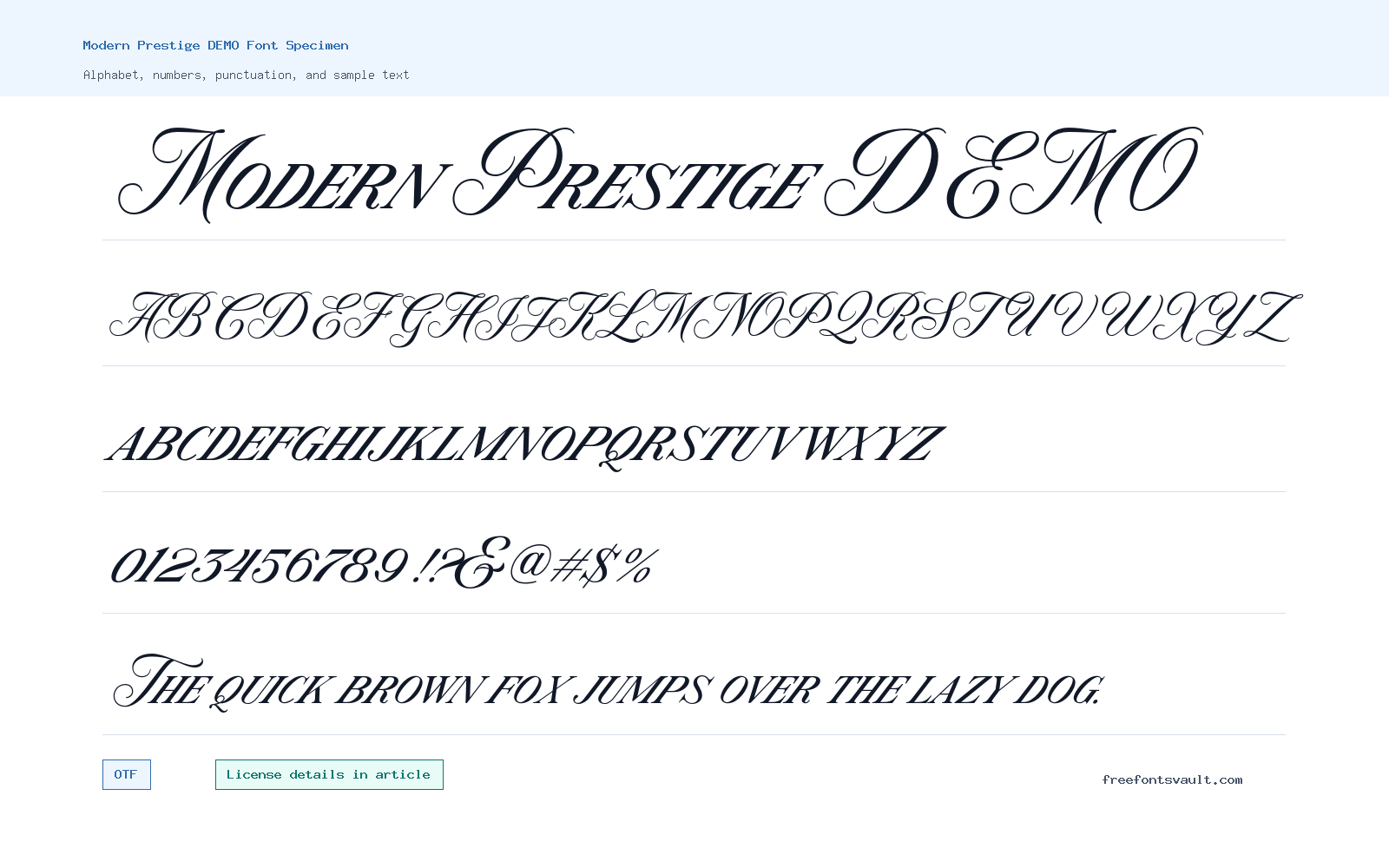 Modern Prestige DEMO font specimen showing alphabet, numbers, and sample text