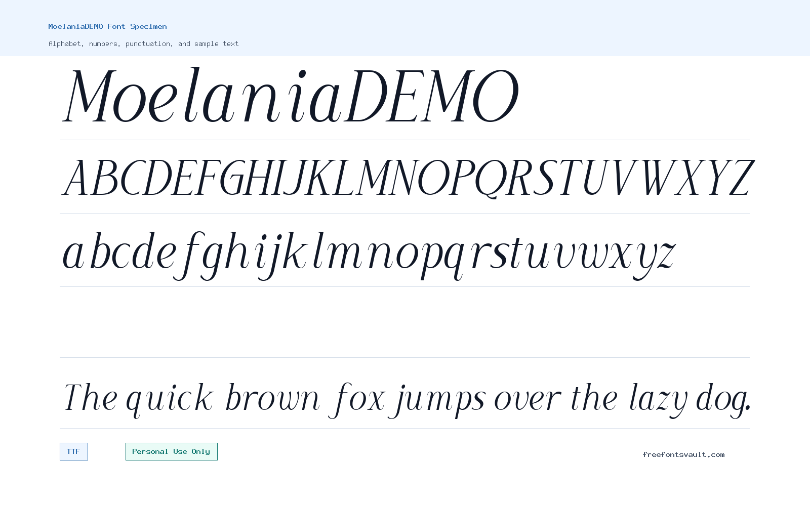 MoelaniaDEMO font specimen showing alphabet, numbers, and sample text