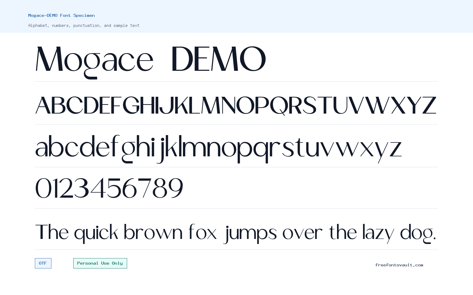 Mogace-DEMO font specimen showing alphabet, numbers, and sample text