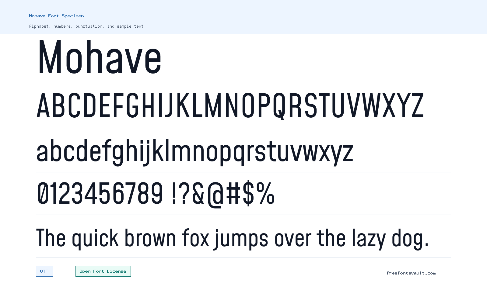 Mohave font specimen showing alphabet, numbers, and sample text