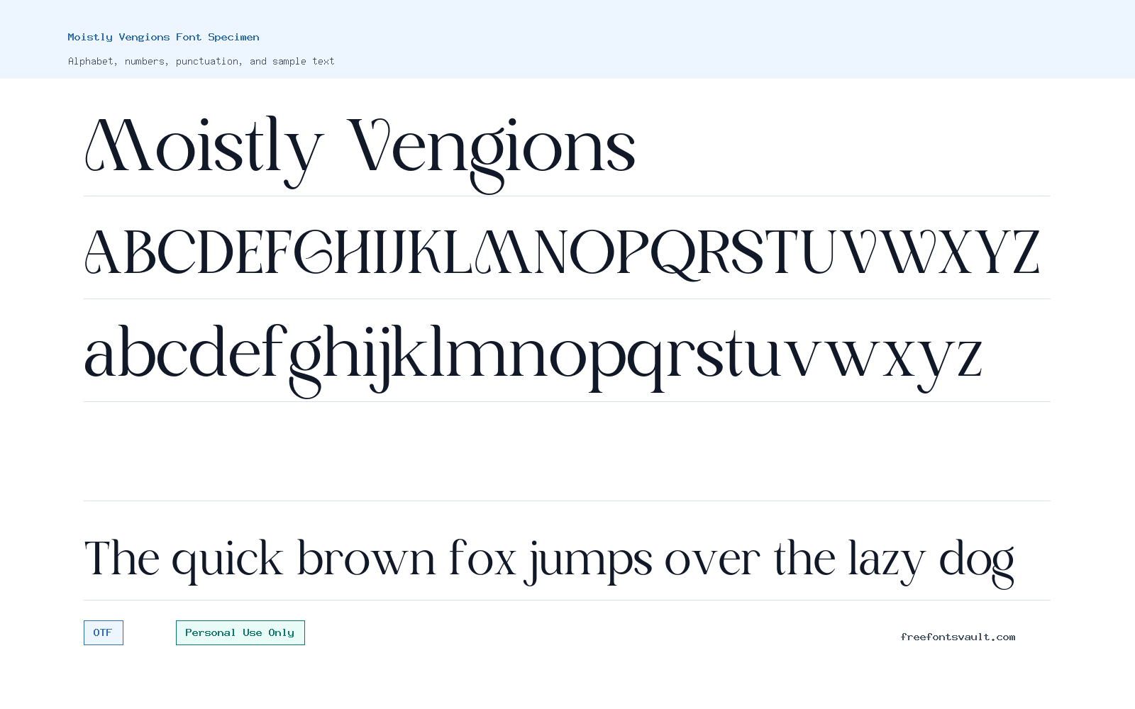 Moistly Vengions font specimen showing alphabet, numbers, and sample text