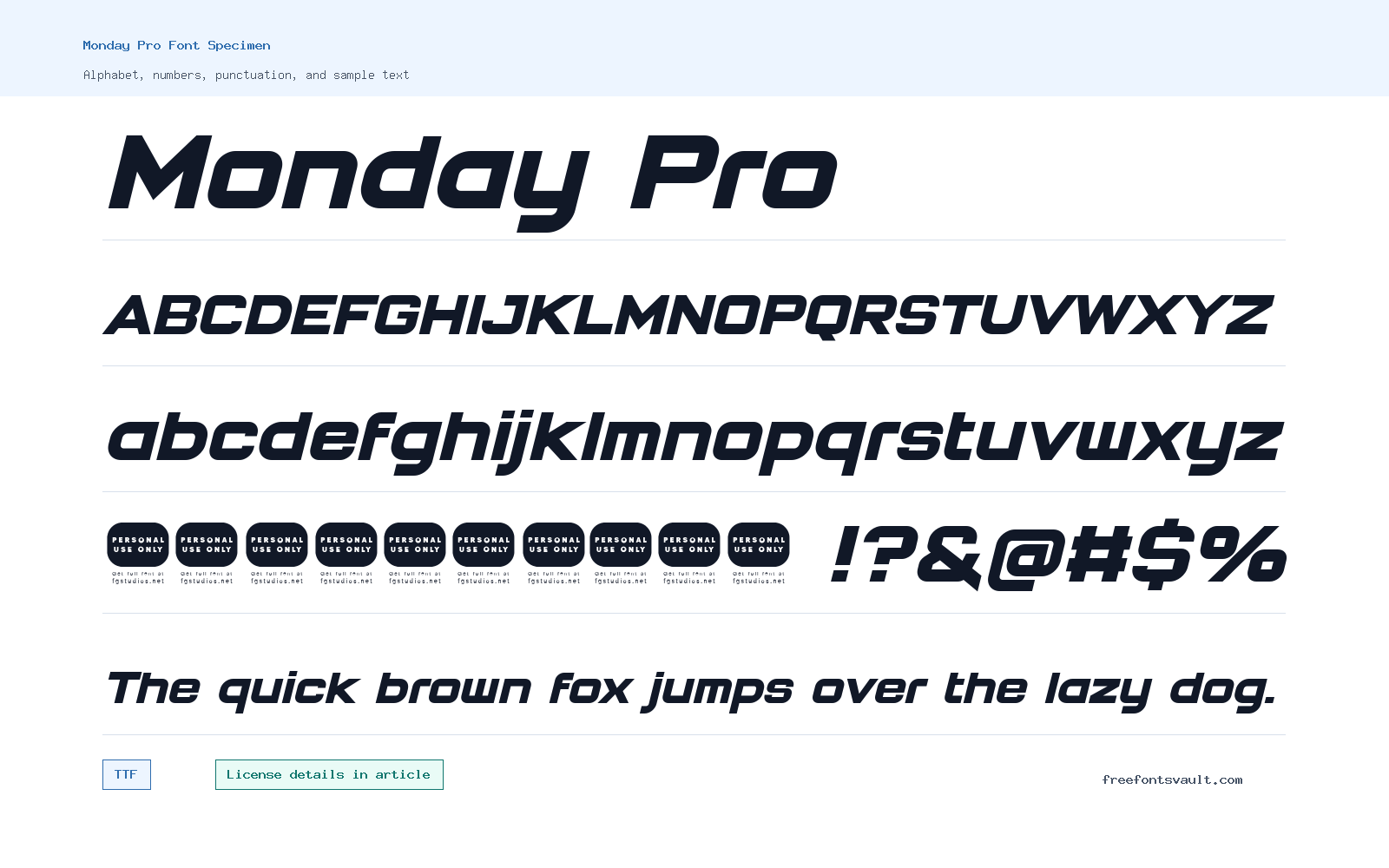 Monday Pro font specimen showing alphabet, numbers, and sample text