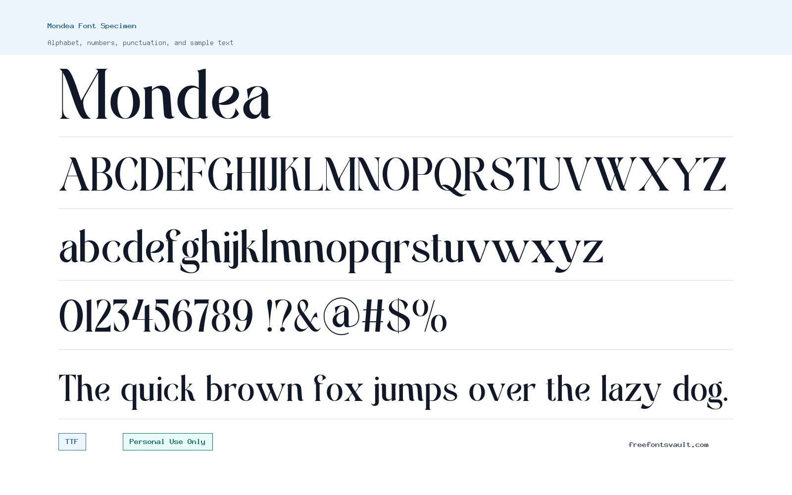 Mondea font specimen showing alphabet, numbers, and sample text