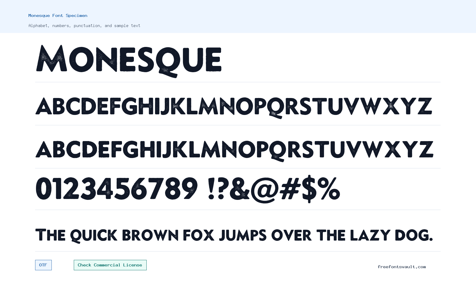 Monesque font specimen showing alphabet, numbers, and sample text
