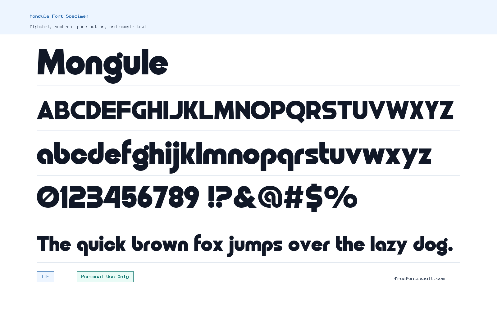 Mongule font specimen showing alphabet, numbers, and sample text