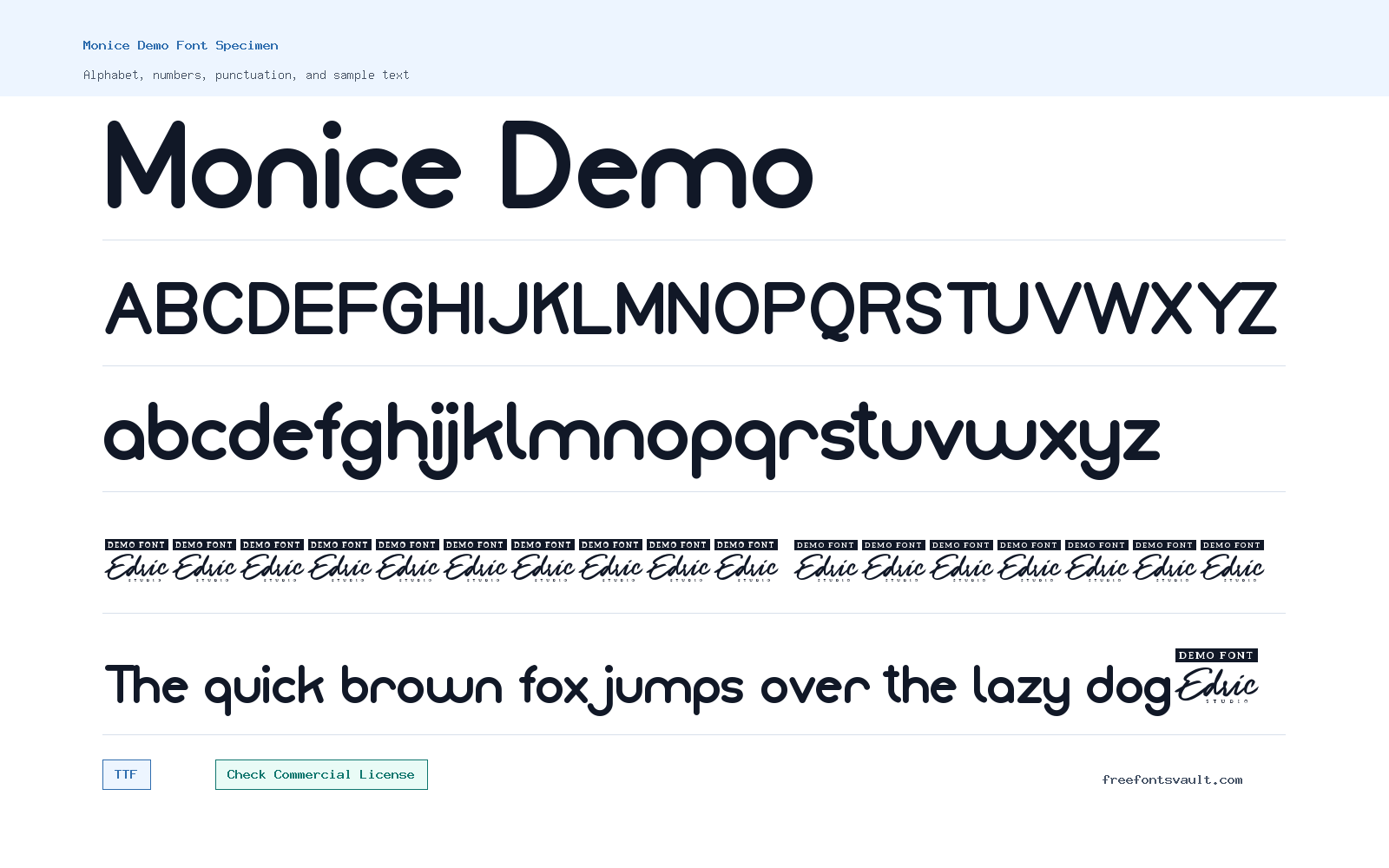 Monice Demo font specimen showing alphabet, numbers, and sample text