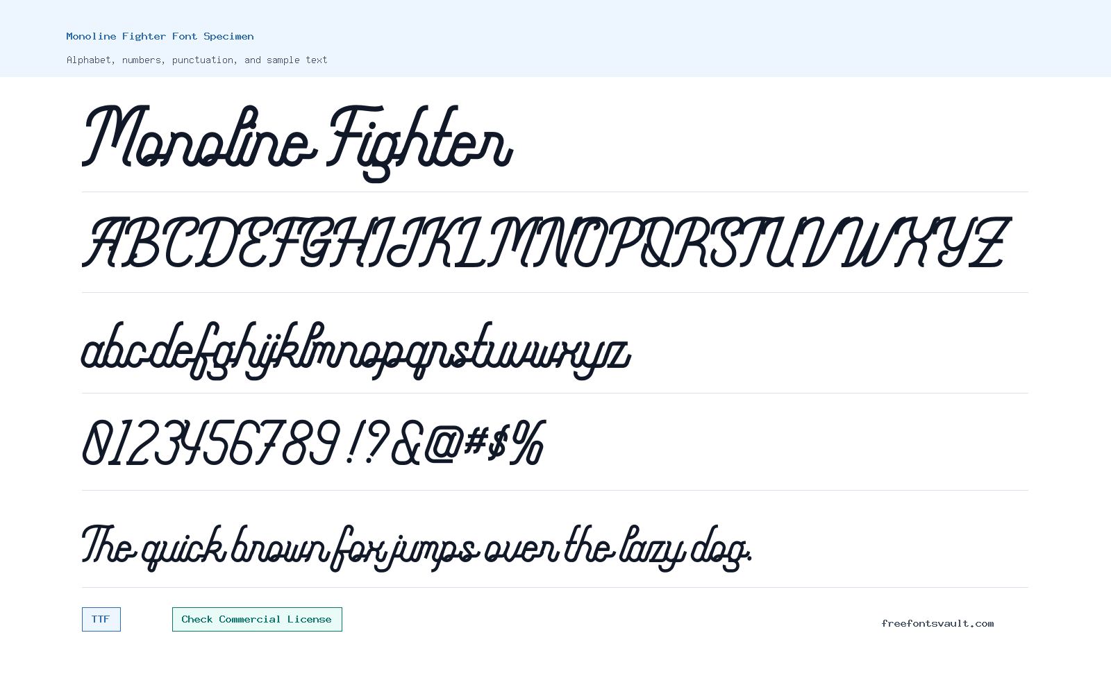 Monoline Fighter font specimen showing alphabet, numbers, and sample text