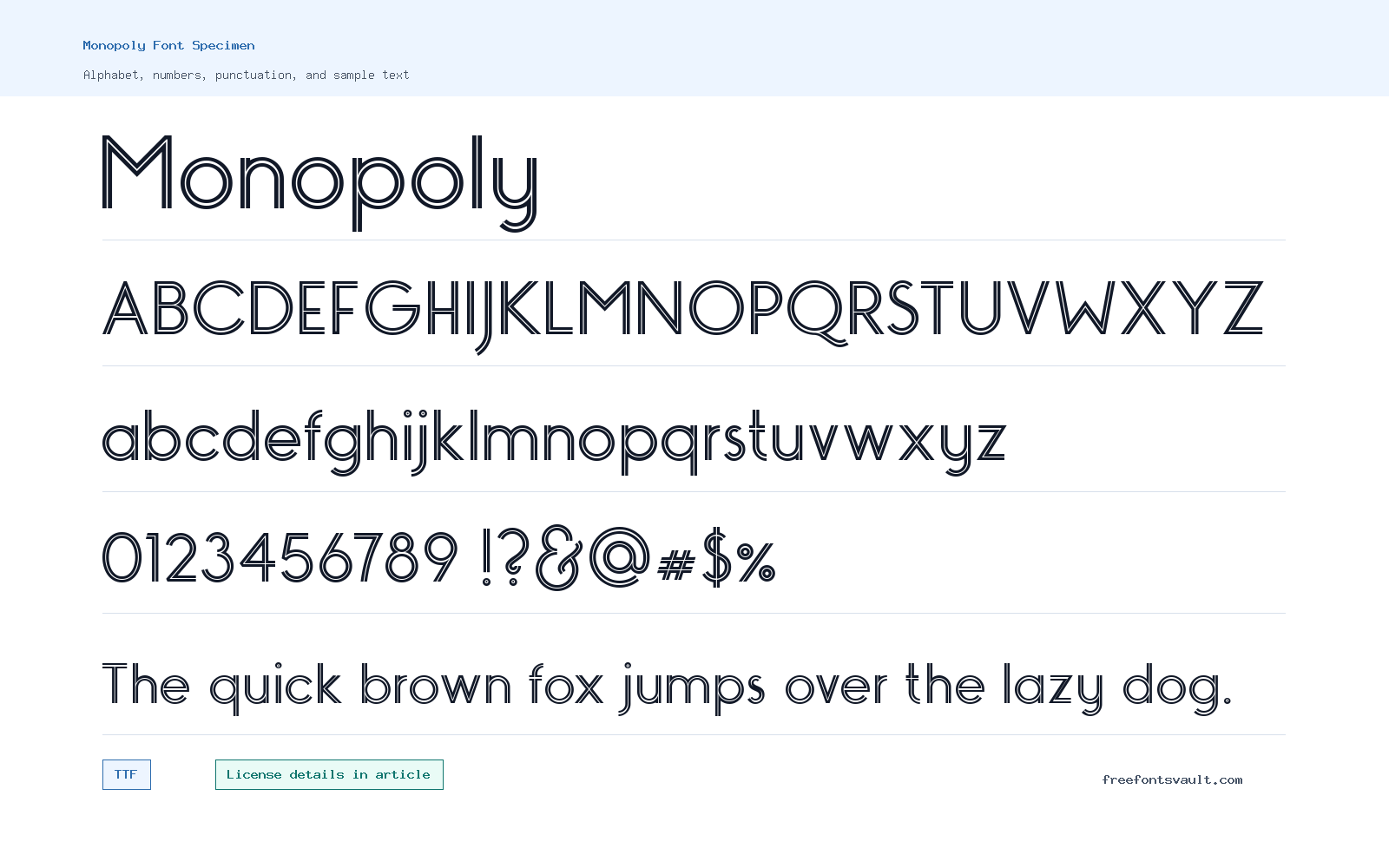 Monopoly font specimen showing alphabet, numbers, and sample text