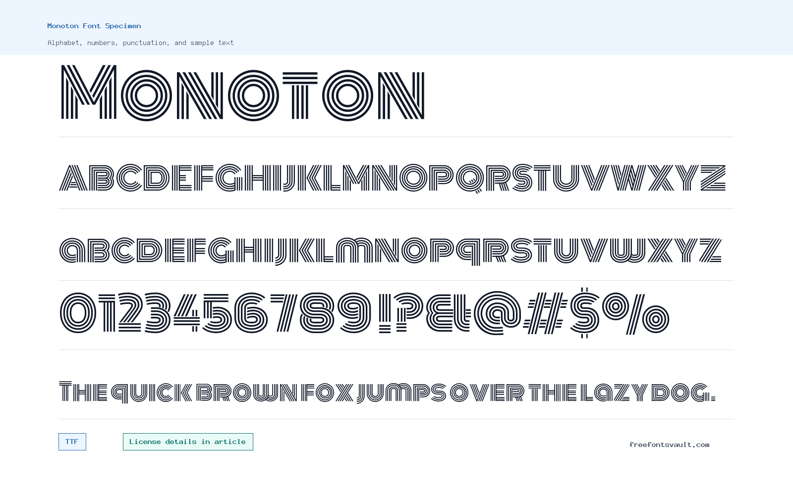 Monoton font specimen showing alphabet, numbers, and sample text