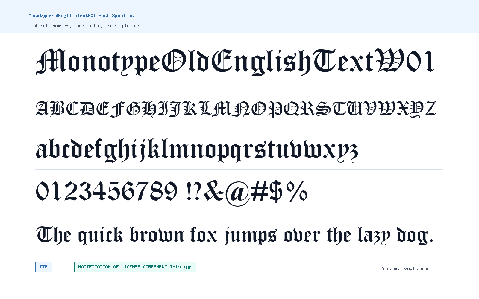 MonotypeOldEnglishTextW01 font specimen showing alphabet, numbers, and sample text