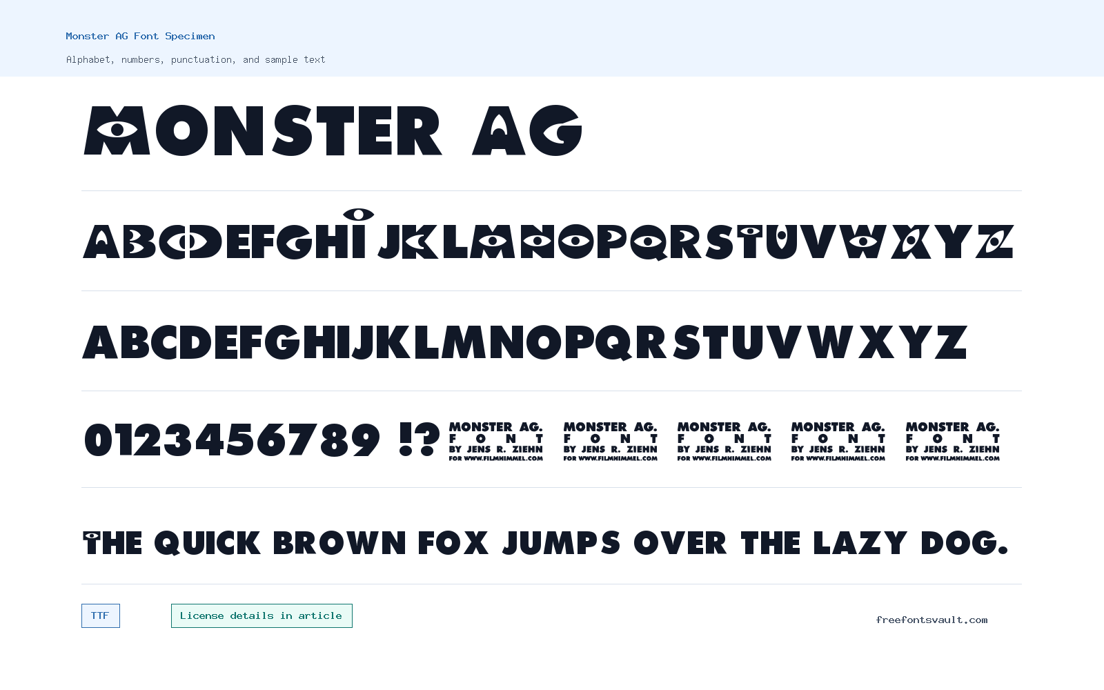 Monster AG font specimen showing alphabet, numbers, and sample text
