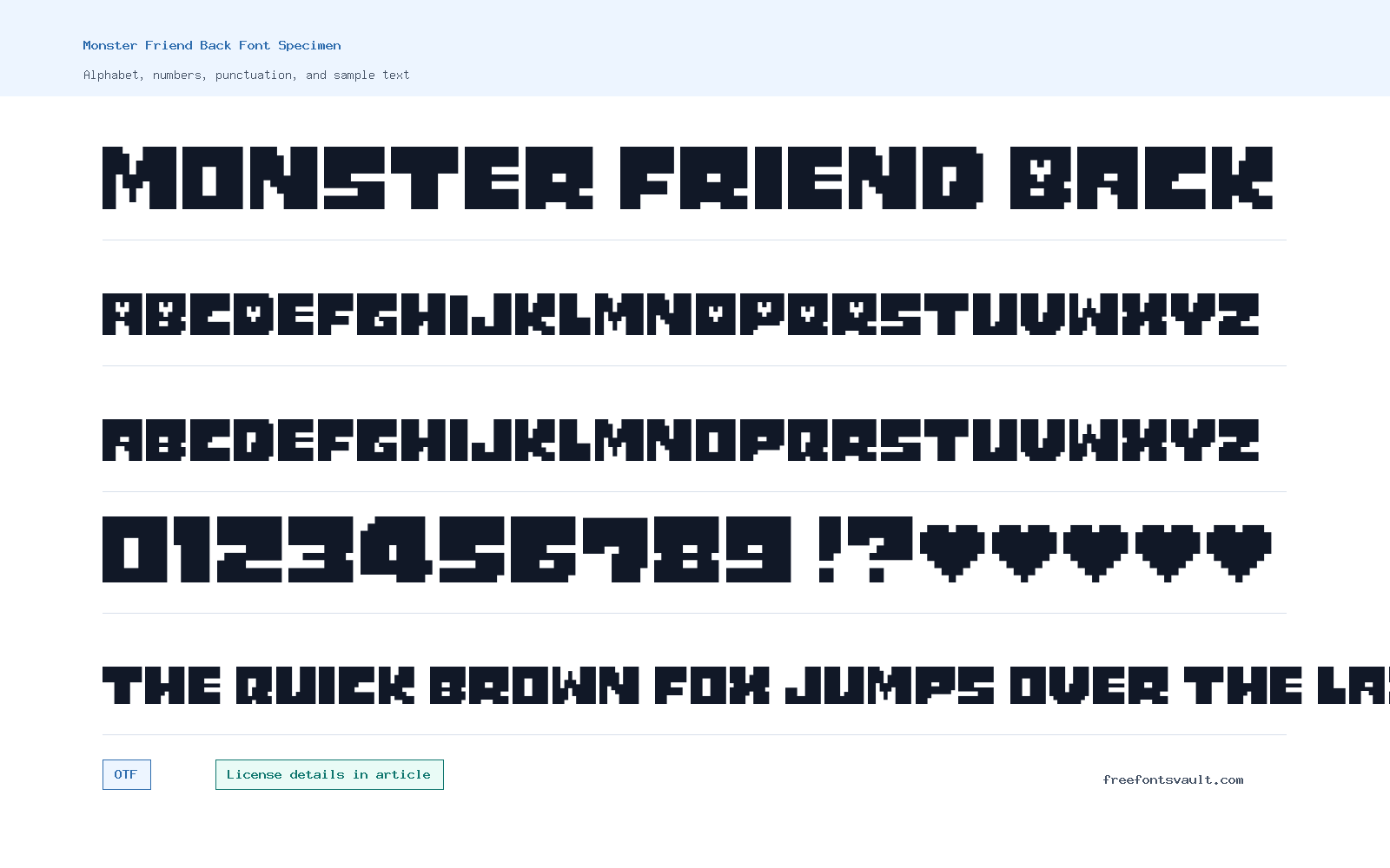 Monster Friend Back font specimen showing alphabet, numbers, and sample text
