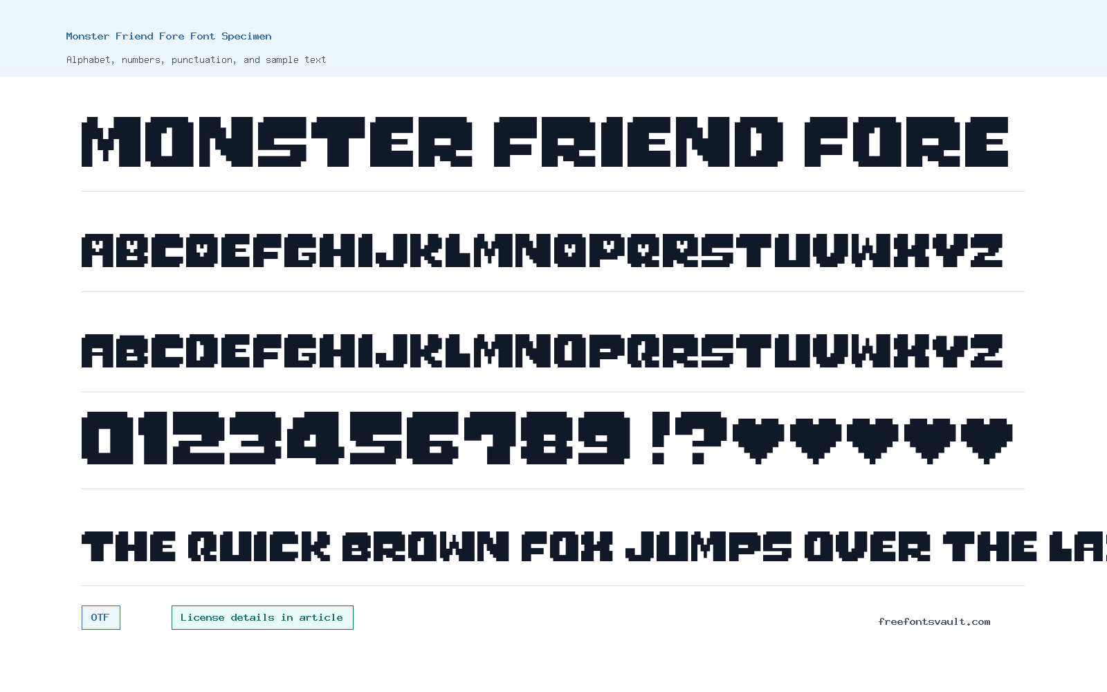 Monster Friend Fore font specimen showing alphabet, numbers, and sample text
