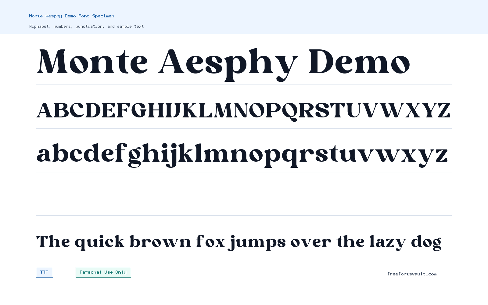 Monte Aesphy Demo font specimen showing alphabet, numbers, and sample text