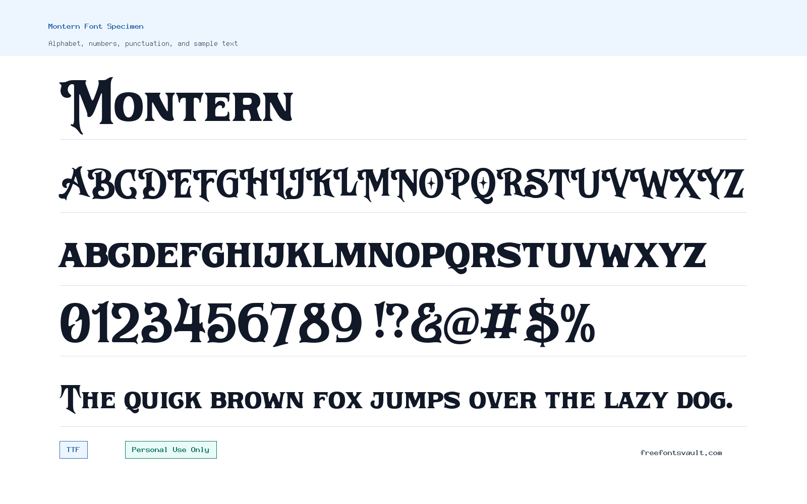 Montern font specimen showing alphabet, numbers, and sample text