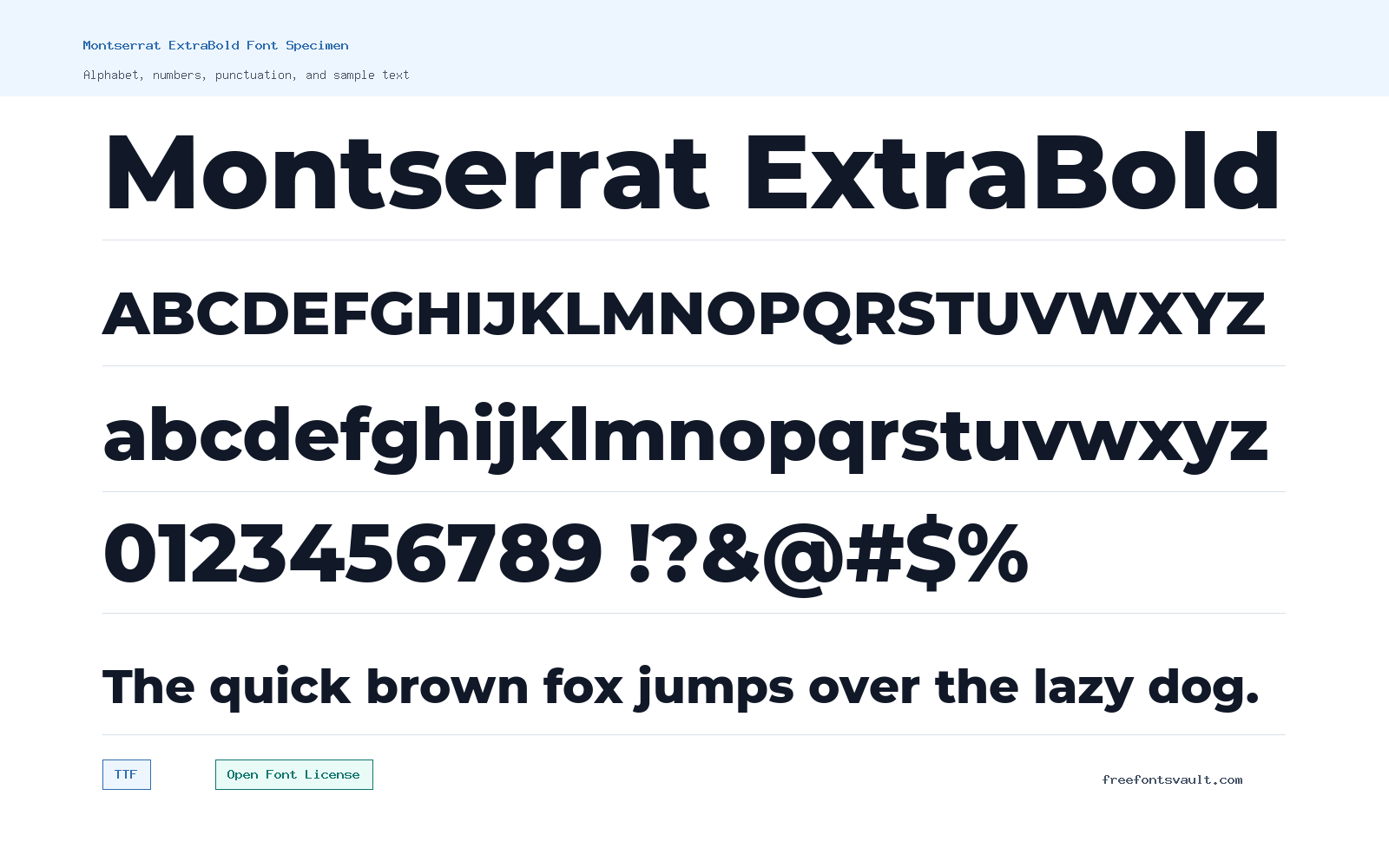 Montserrat ExtraBold font specimen showing alphabet, numbers, and sample text