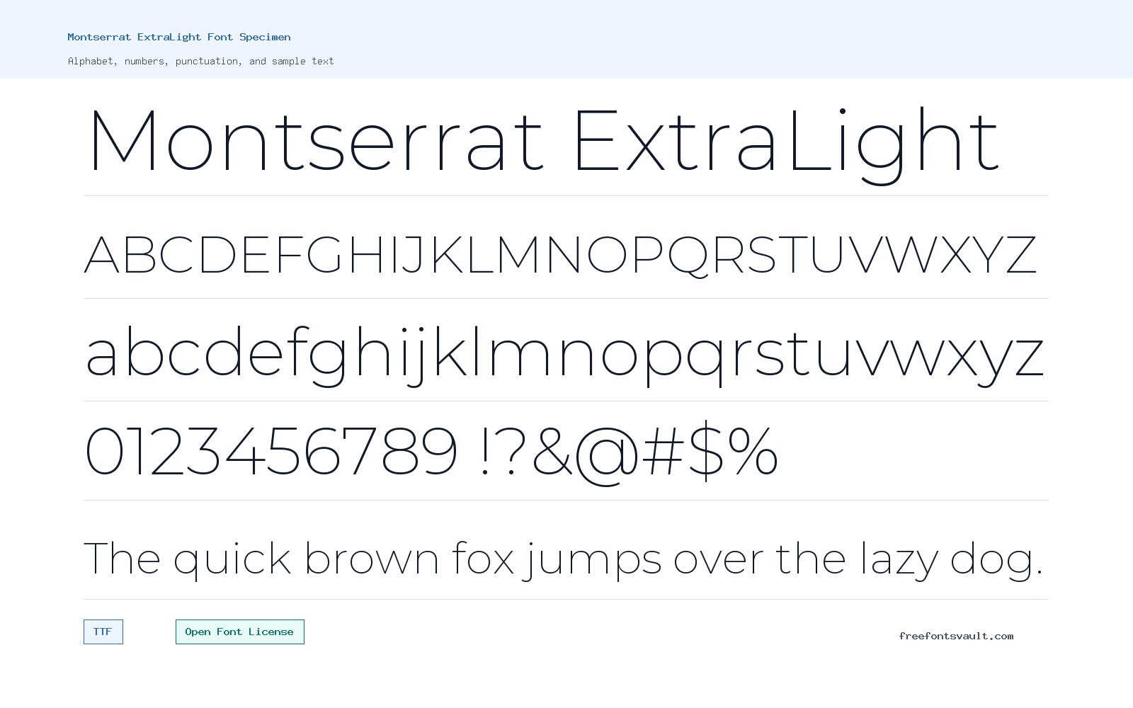 Montserrat ExtraLight font specimen showing alphabet, numbers, and sample text