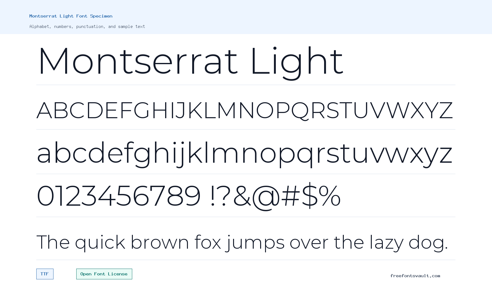 Montserrat Light font specimen showing alphabet, numbers, and sample text