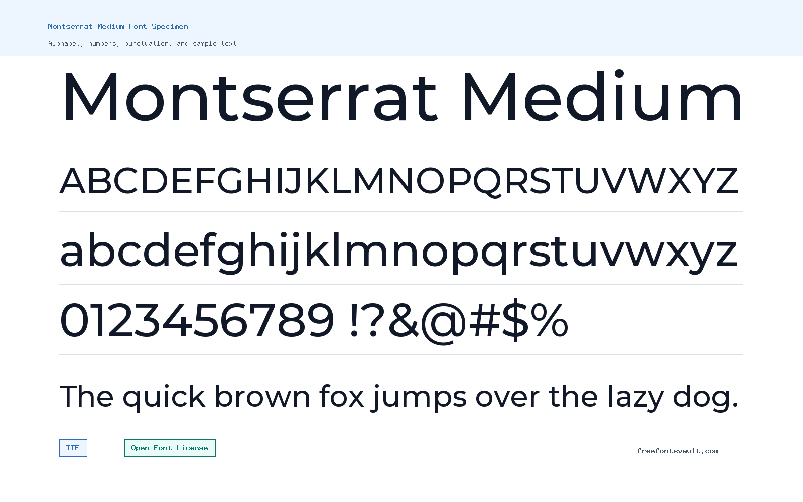 Montserrat Medium font specimen showing alphabet, numbers, and sample text