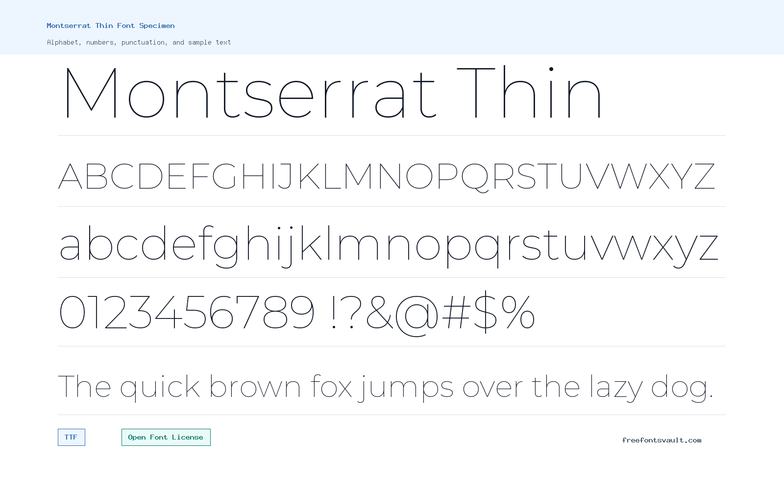 Montserrat Thin font specimen showing alphabet, numbers, and sample text