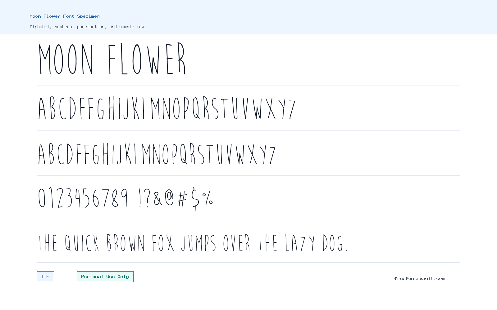 Moon Flower font specimen showing alphabet, numbers, and sample text