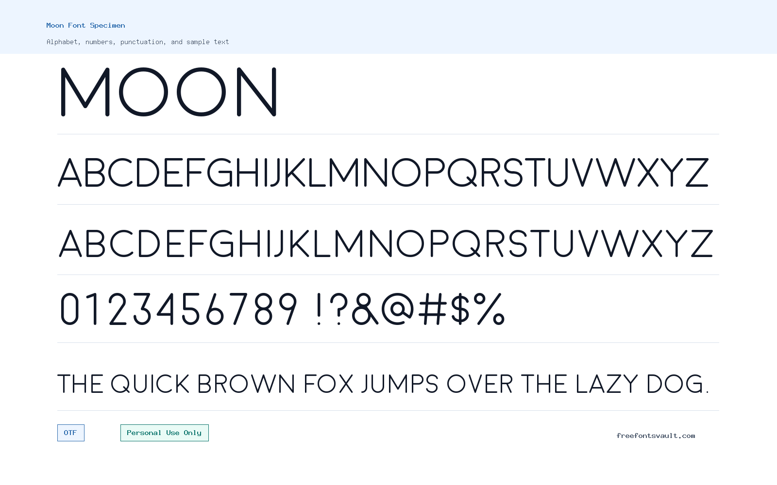 Moon font specimen showing alphabet, numbers, and sample text