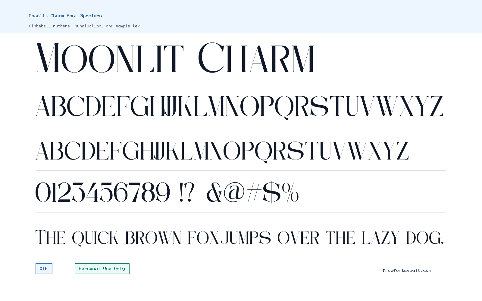 Moonlit Charm font specimen showing alphabet, numbers, and sample text