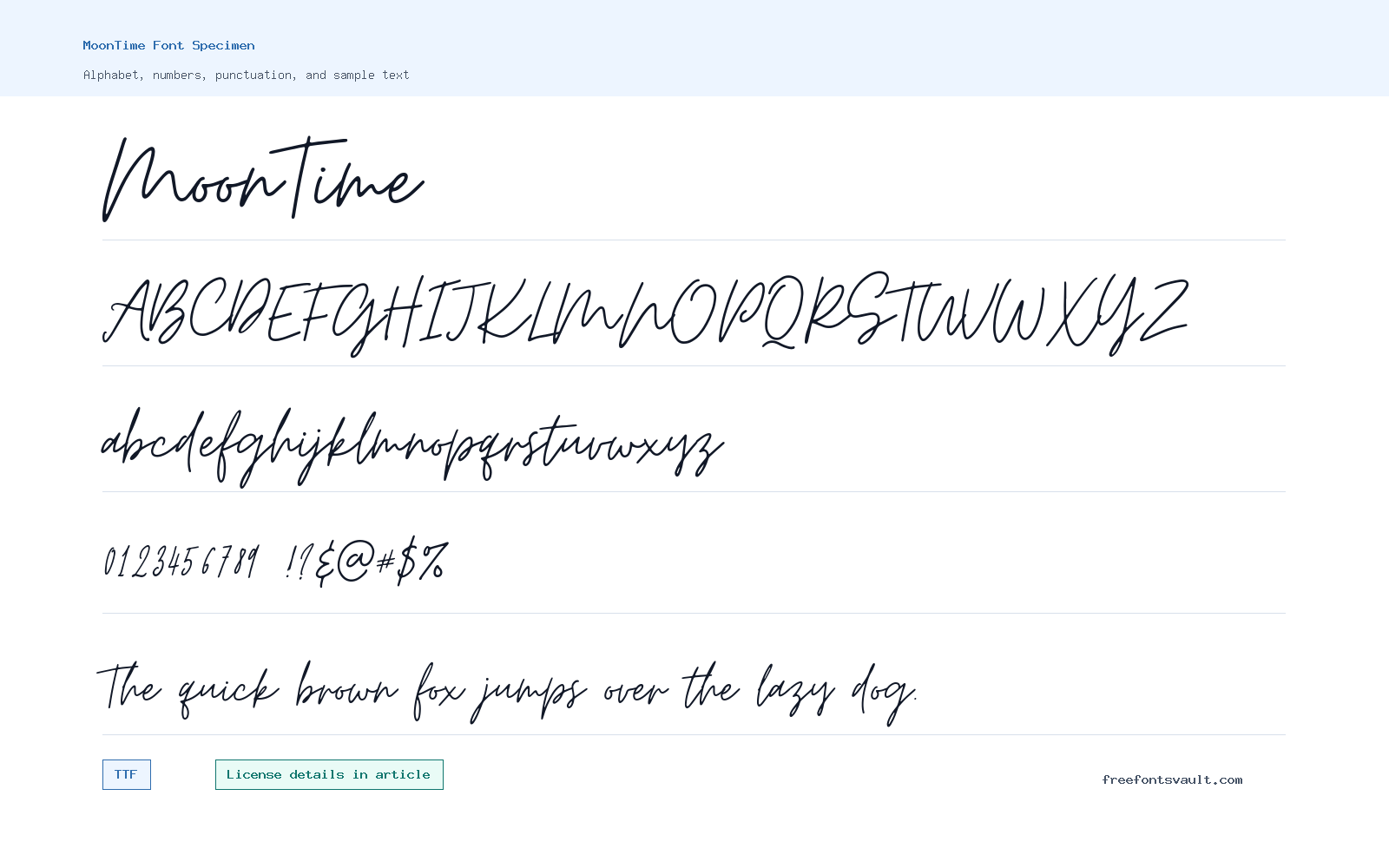 MoonTime font specimen showing alphabet, numbers, and sample text