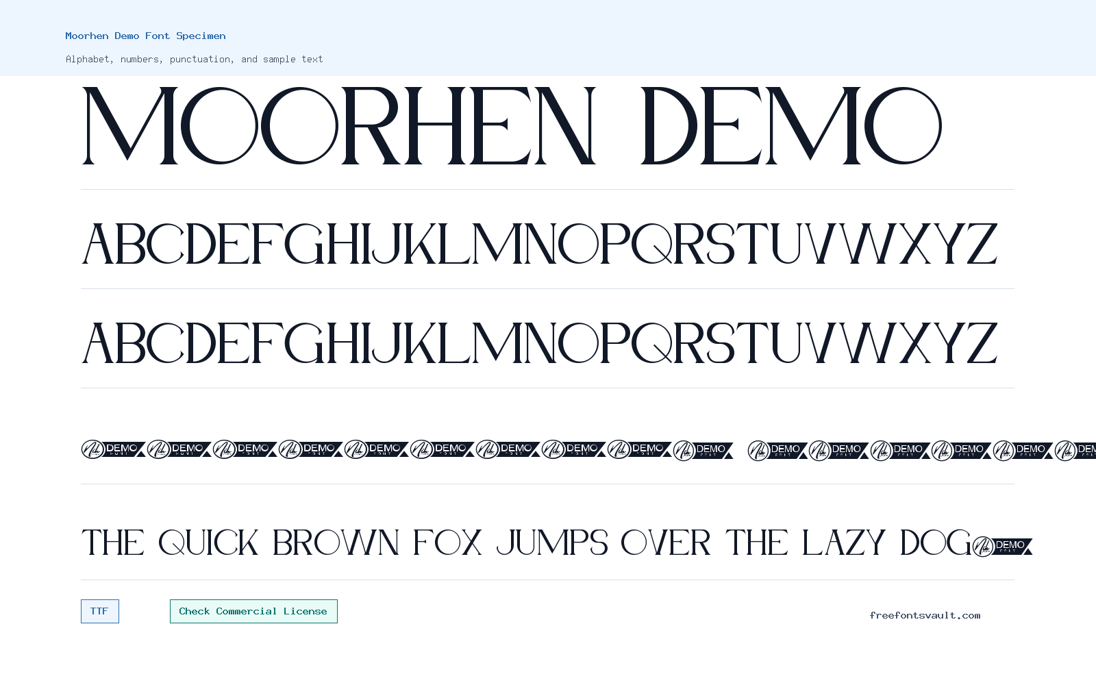 Moorhen Demo font specimen showing alphabet, numbers, and sample text