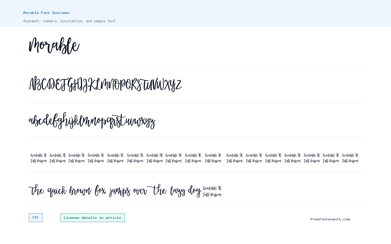 Morable font specimen showing alphabet, numbers, and sample text
