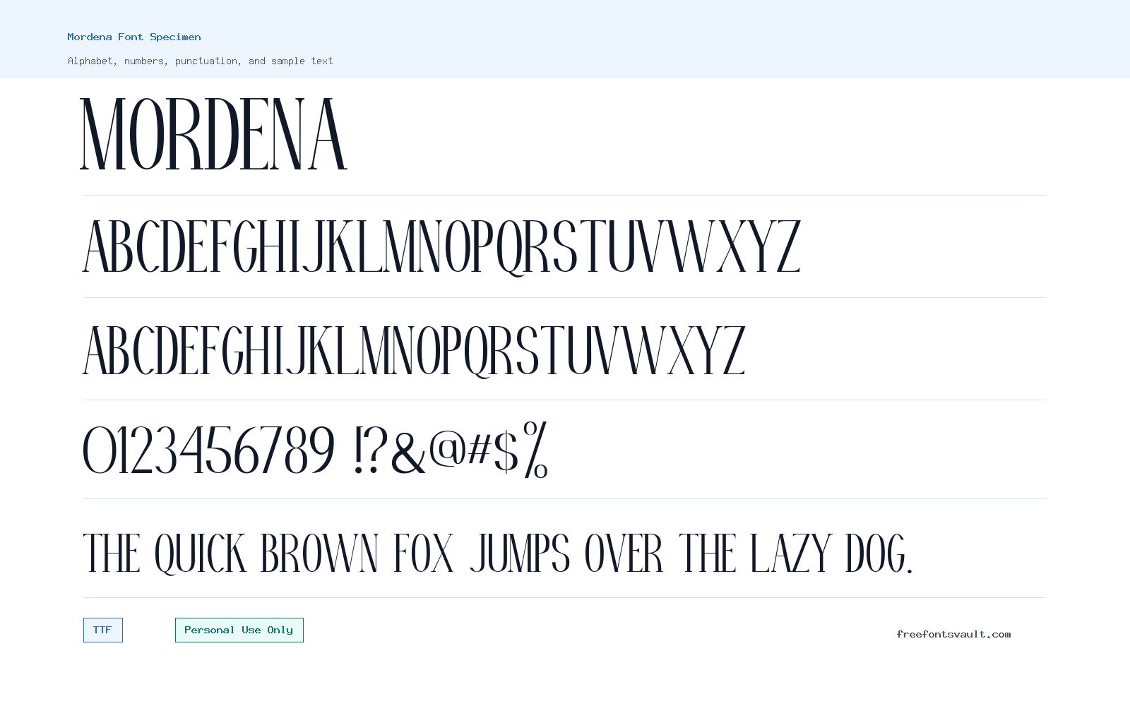 Mordena font specimen showing alphabet, numbers, and sample text