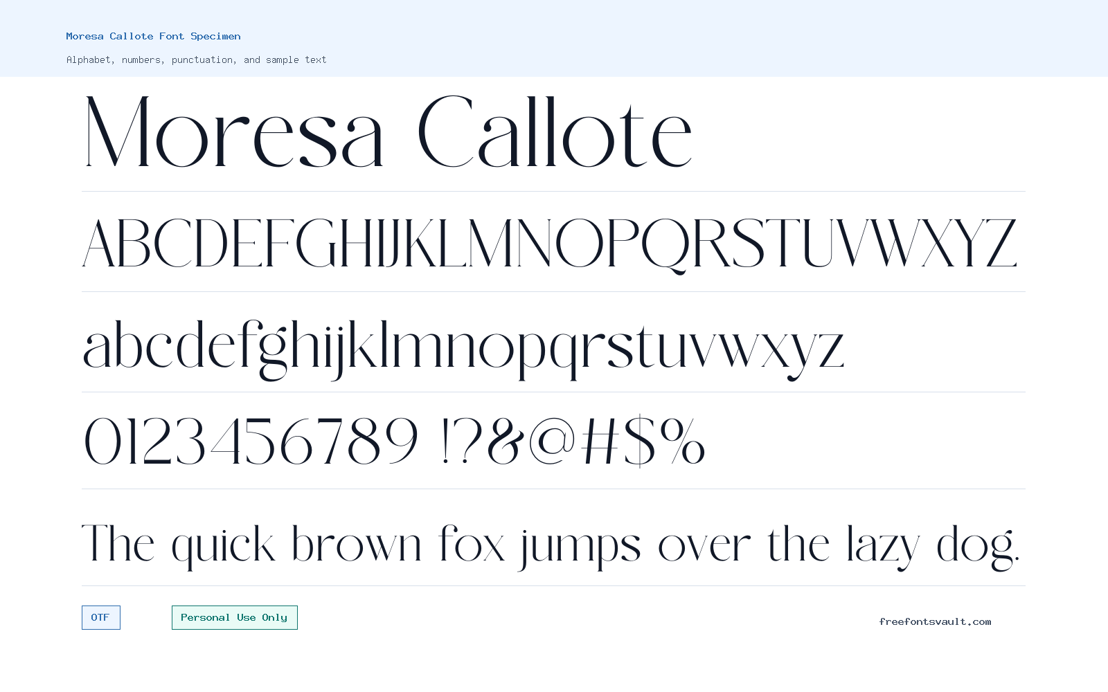 Moresa Callote font specimen showing alphabet, numbers, and sample text