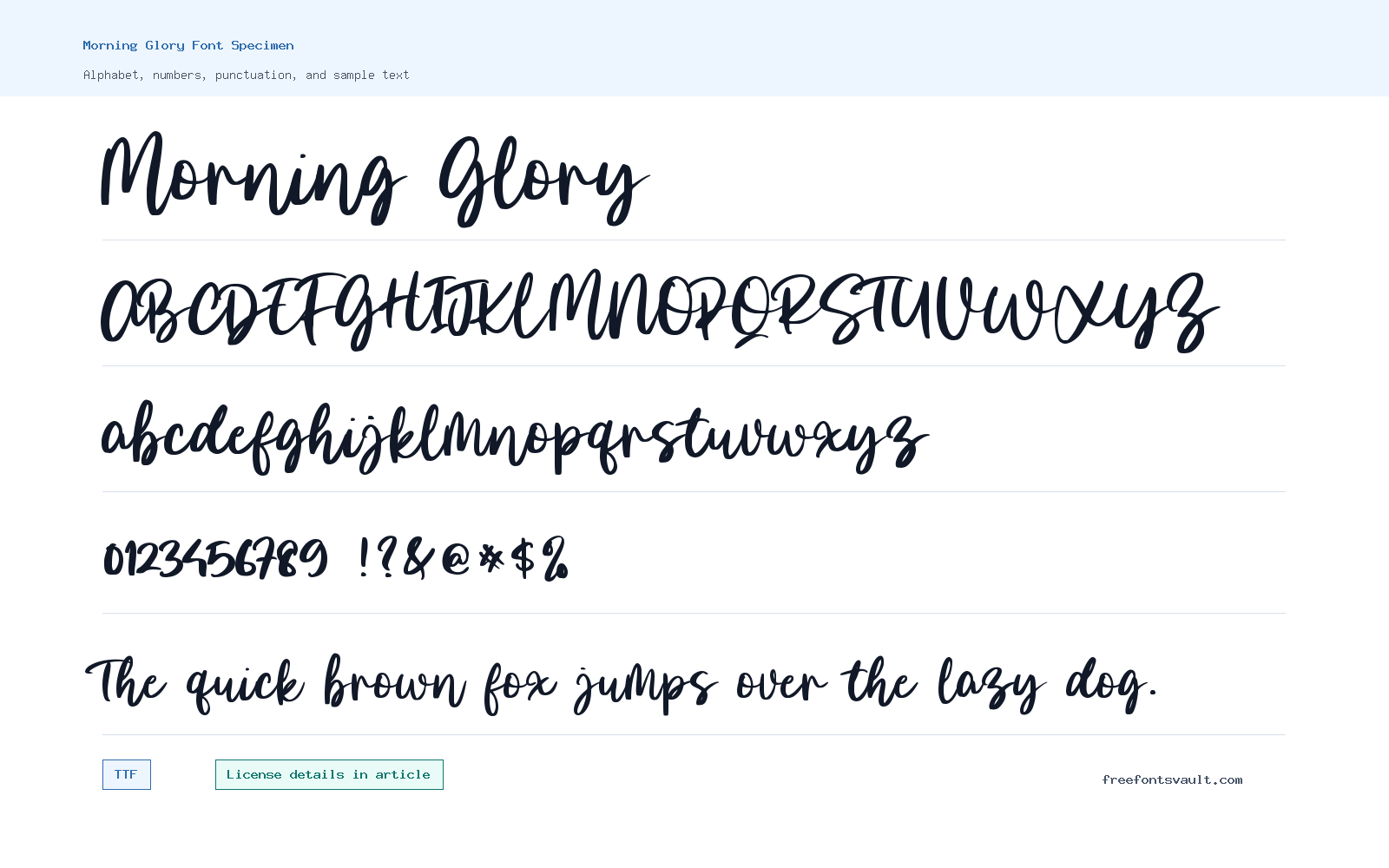 Morning Glory font specimen showing alphabet, numbers, and sample text