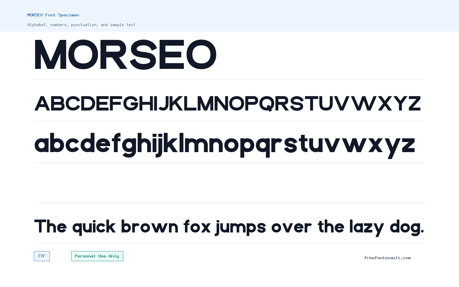 MORSEO font specimen showing alphabet, numbers, and sample text