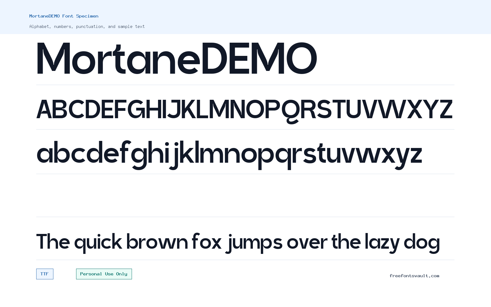 MortaneDEMO font specimen showing alphabet, numbers, and sample text