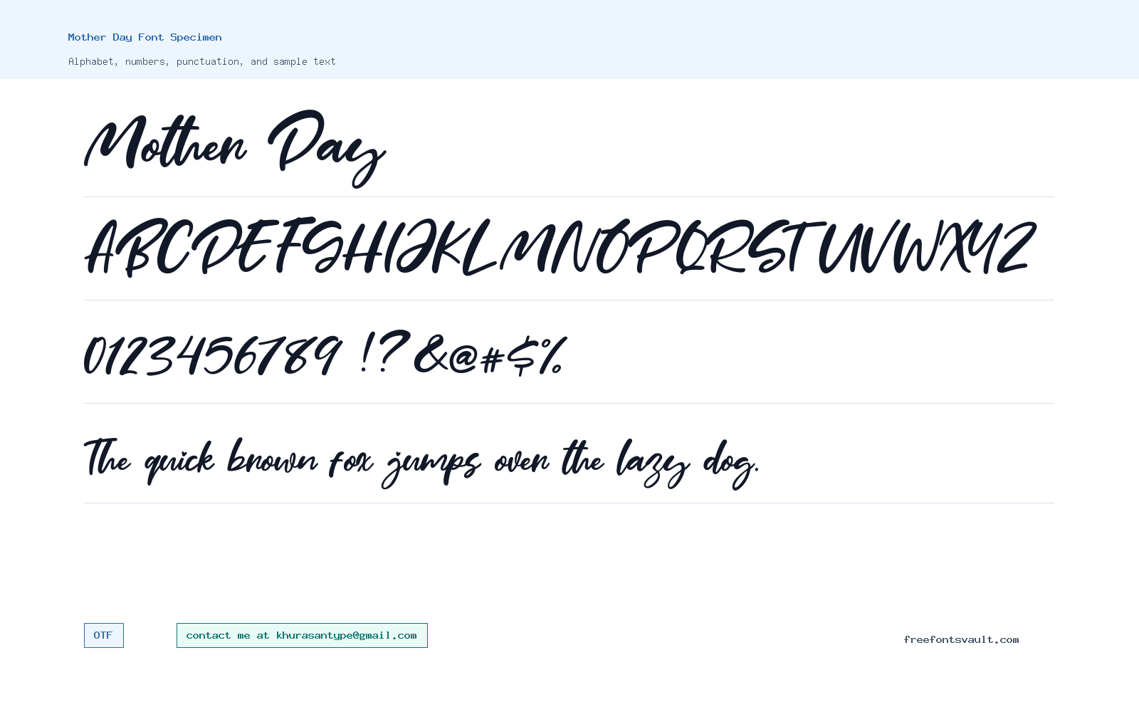 Mother Day font specimen showing alphabet, numbers, and sample text