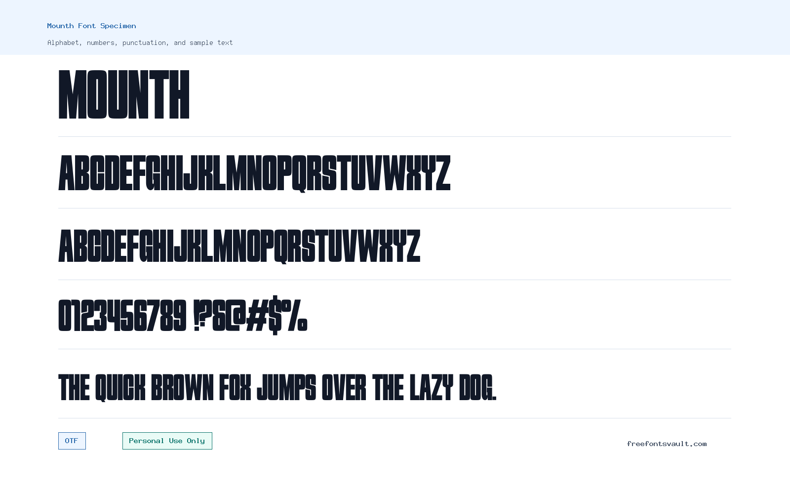 Mounth font specimen showing alphabet, numbers, and sample text