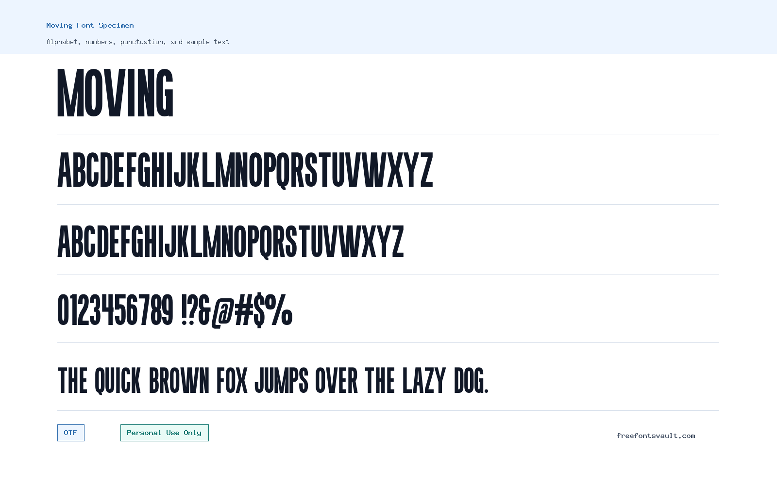 Moving font specimen showing alphabet, numbers, and sample text