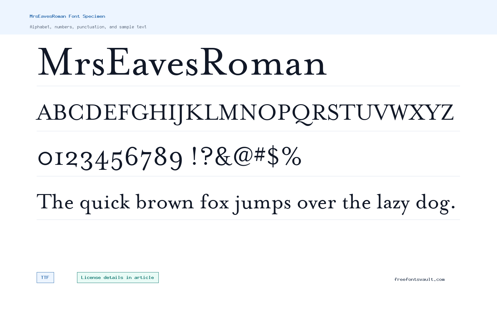 MrsEavesRoman font specimen showing alphabet, numbers, and sample text