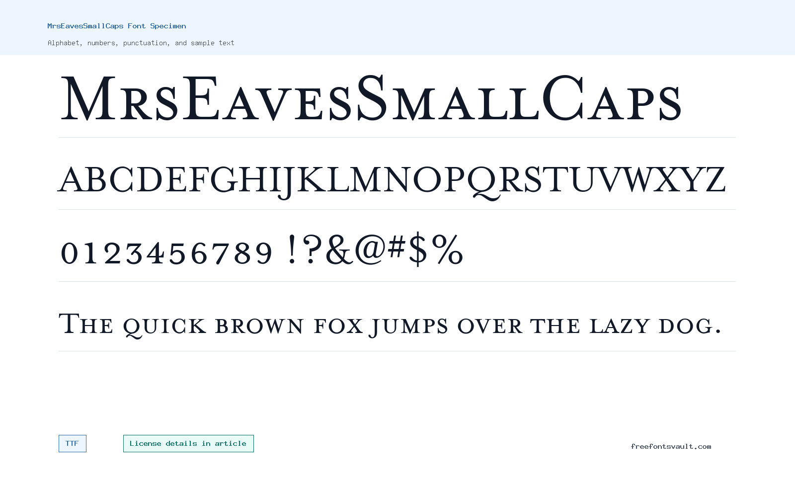 MrsEavesSmallCaps font specimen showing alphabet, numbers, and sample text
