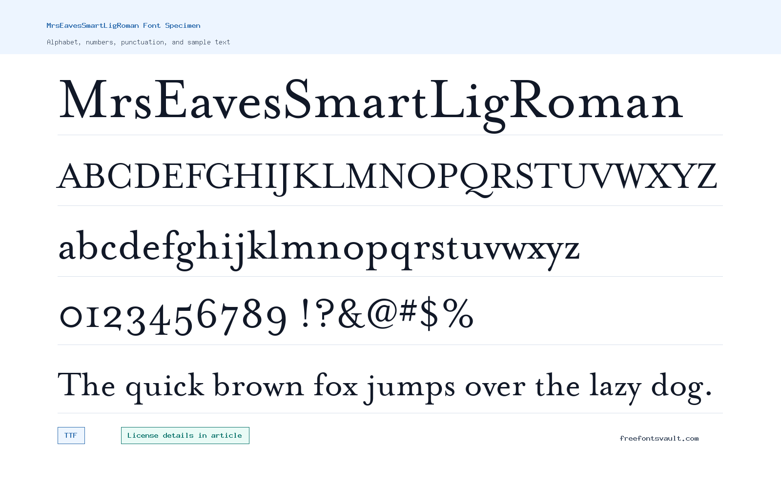 MrsEavesSmartLigRoman font specimen showing alphabet, numbers, and sample text