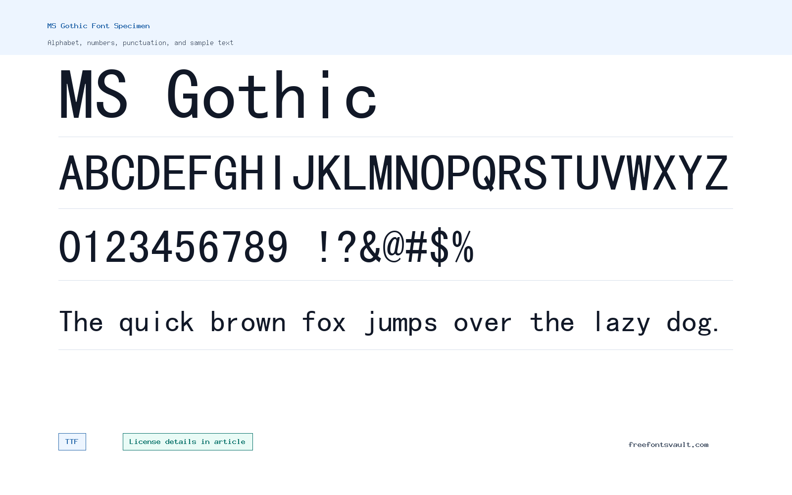 MS Gothic font specimen showing alphabet, numbers, and sample text