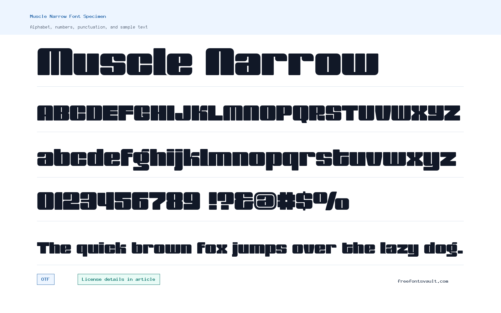 Muscle Narrow font specimen showing alphabet, numbers, and sample text
