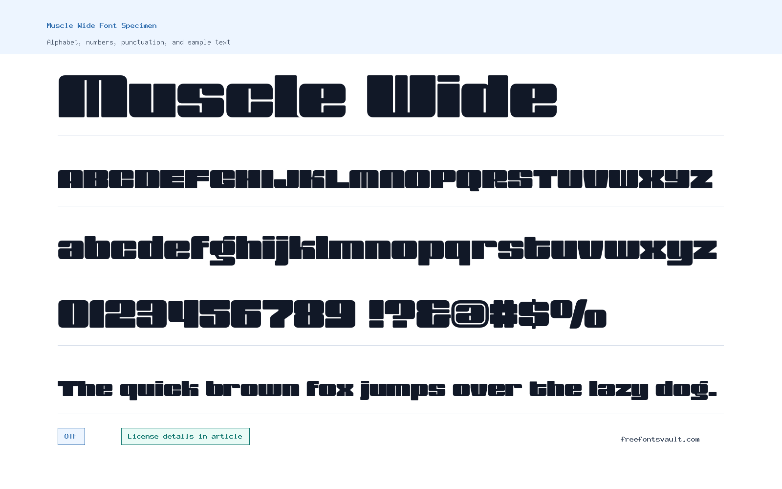 Muscle Wide font specimen showing alphabet, numbers, and sample text